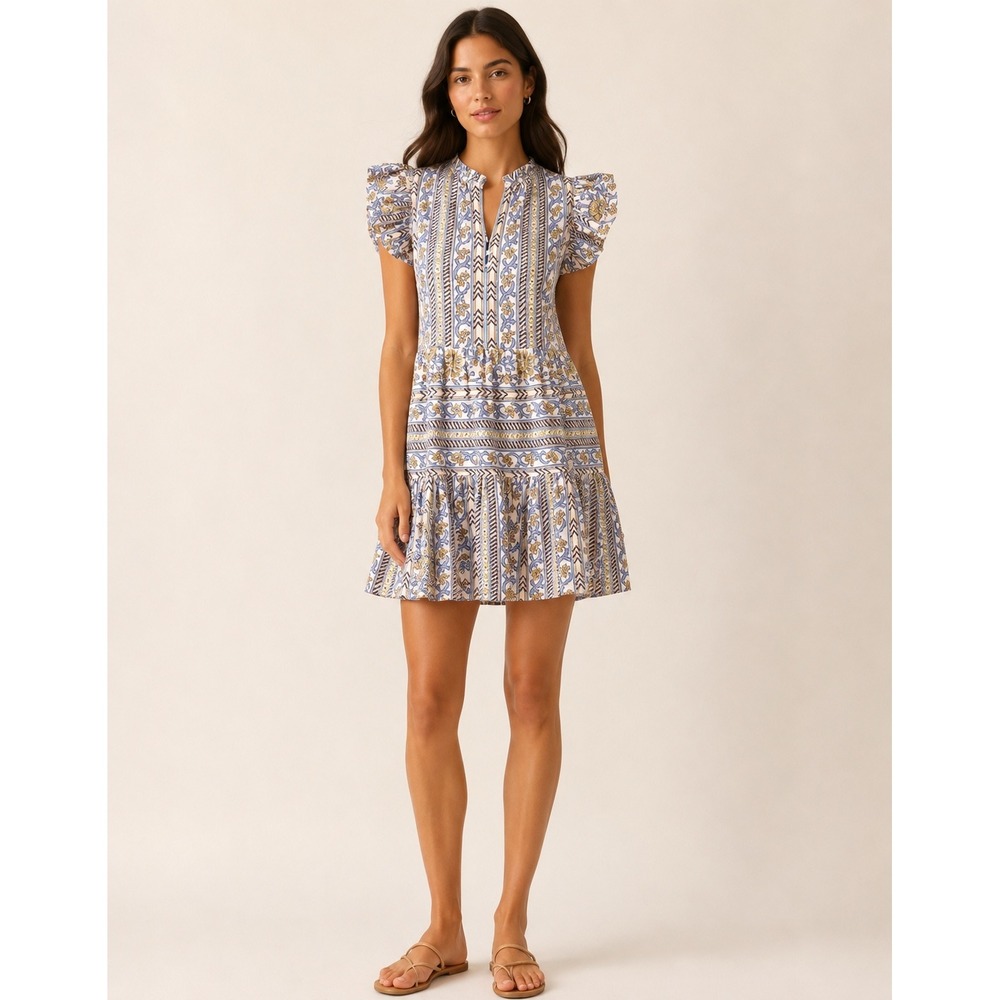 Omika Women Medium Wilora Floral Block Cotton Lurex Ruffle Tiered Mini Dress